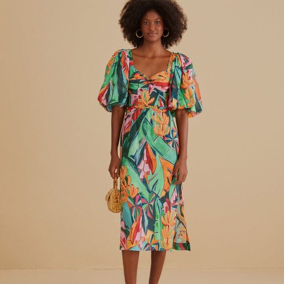 FARM Rio Dresses & Skirts - FARM Rio Green Tropical Print Midi Dress with Orange & Pink Accents